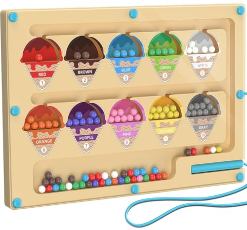 EduPlayte Juguetes de Laberinto de Madera, Juguetes Montessori de Helado, Laberinto Magnético de Color y Número, Aprendizaje Preescolar de Asignación y Conteo, Regalo de Cumpleaños para Niños