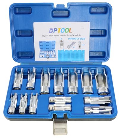 DPTOOL 14pcs Diesel Injector Fuel Line Socket 8-22mm Flare Nut Socket Set | 3/8 1/2 Drive 5-Point Metric Avoid Wire Nut Sockets for Wired Temperature Sensor, Thermo Switch, etc