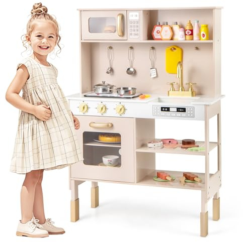 COSTWAY Cuisine Enfants en Bois avec 11 Accessoires & Lumières & Sons, Jeu de Cuisine Enfant avec Micro-Ondes & Étagères, Hauteur Réglable, Jouet d’Imitation pour Tout-Petits de 3 Ans+