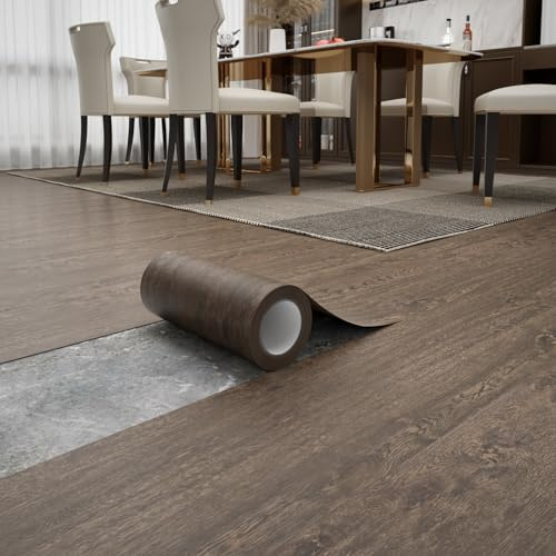 Peel and Stick Floor Tile 11.8” x 590” Vinyl Flooring Roll Cover 48.4 Sq.Ft. Waterproof Scratch-Resistant DIY Self-Adhesive PVC Wood Flooring for Renter, Kitchen, Bathroom, RV, Brown