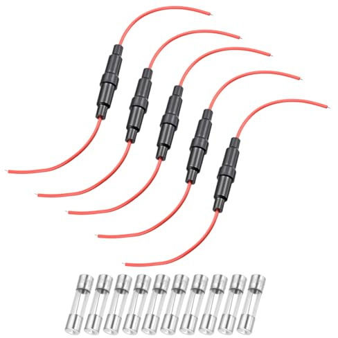 QUARKZMAN 5 Pcs Portafusibles Tipo Tornillo En Línea 6x30mm Cable Rojo Calibre 22 AWG Con 10 Pcs Fusibles De Vidrio Rápido 8A