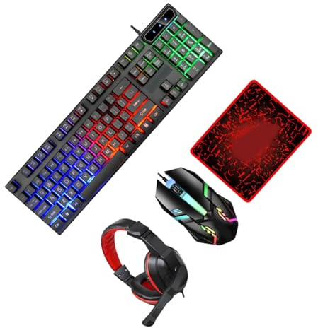 SECFOU Ensemble Clavier de Jeu Rétroéclairé 104 Touches Souris de Jeu et Tapis de Souris Antidérapant pour PC Kit Gaming Filaire Ergonomique pour Bureau et Gaming