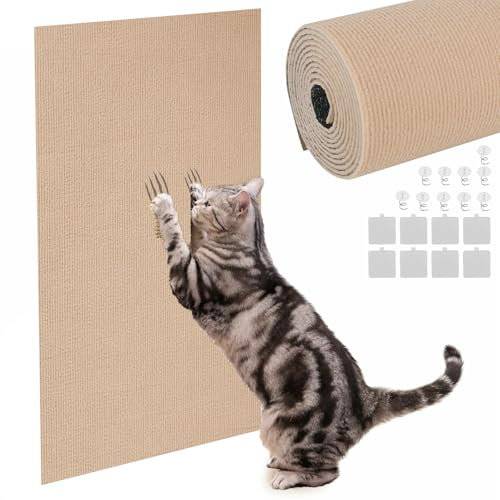 Klösmatta, självhäftande, extra stor, 300 x 40 cm, klösskydd, soffa, kattfilt, kan skäras till, klösmatta, katt, slitstyrka för att täcka golv, soffkanter väggar, kattträd (kaki)