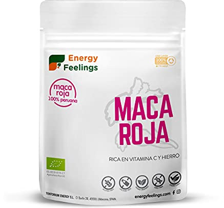 Energy Feelings Maca Roja ECO - 200 g, Maca Vegana en Polvo, Rica en Vitamina C y Hierro, Efecto Vigorizante y Afrodisiaco, Mejora Rendimiento Físico, Sin Lactosa, Sin Gluten y Sin Azúcar Añadido
