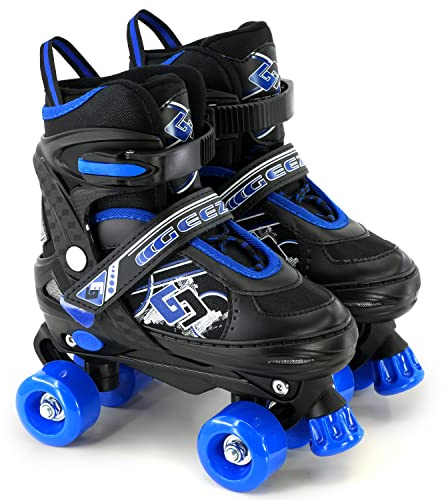 Childrens Kids Boys Girls 4 Wheel Adjustable Quad Roller Skates Boots (Blue/Black, Large/UK 5-7/)