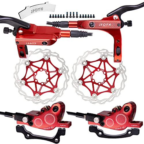 JFOYH 4-Piston MTB Hydraulic Brake Set with 160mm Floating Disc Rotors, Front and Rear Hydraulic Disc Brake Kit for MTB(Pre-Bled, Left-Front/Right-Rear)-Red