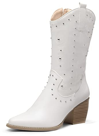 DREAM PAIRS Women's Comfortable Western Boots Waterproof Cowboy Cowgirl Pull-on Mid Calf Boots Stylish and Beautiful Party Dressing Boots for Ladies,Size 6.5,White,SDMB2207W