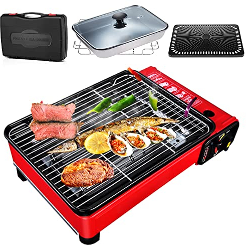 COYOUCO Portable Butane Camping Grill, Tabletop Gas Barbecue Stove Grill BBQ Butane Burner Cooker with Grill Plate, Outdoor/Indoor Camp Stove with Carrying Case,Stove with pot