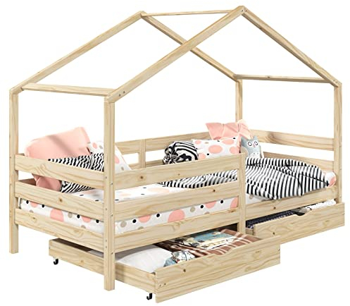 IDIMEX Hausbett ENA aus massiver Kiefer, schönes Montessoribett in 90 x 200 cm, Kinderbett mit Rausfallschutz, stabiles Spielbet mit Dach und 2 Schubladen in Natur