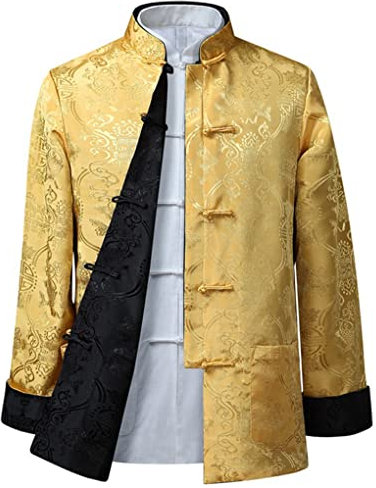 QPZK Kung-Fu-Jacke Beidseitig tragbare Kleidung Herren Stickerei Tang-Anzug Herren Hanfu-Mantel Traditionelle chinesische Kleidung Baumwoll-Leinen Tai-Chi-Kleidung Kampfkunst-Kleidung Lang Gelb-L