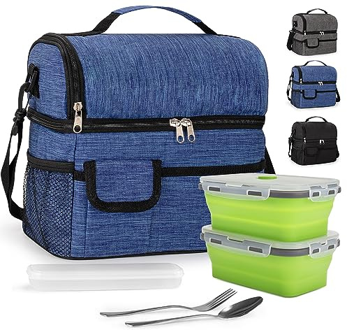 Bolsa Termica Porta Alimentos 10L Bolsa Almuerzo Bolsa de Enfriamiento Portátil Bolsa Isotérmica con 2 Contenedores y 1 Juego de Cubiertos para Oficina, Escuela, Exterior(Azul, 2 Contenedores)-X
