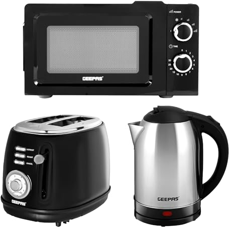 Geepas Electric Kettle 2 Slice Bread Toaster & Microwave Kitchen Set | 1500W 1.8L Cordless Jug Kettle | 850W Toaster with 6 Level Browning Control | 700W Solo Manual Dial Microwave 20L | Stylish Set