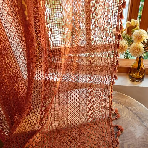 WAZZIO Boho Lace Curtains 84 Inches 2 Panel,Light Filtering Privacy Tassel & Geometry Crochet Semi Sheer Curtain Drapes for Bedroom Living Dining Room,Rod Pocket & Tassel,Full Decor,Burnt Orange