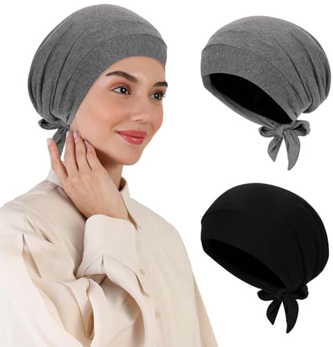 XEPST 2 Piezas de Hijab para Mujer, Musulmán Islámico Debajo del Gorro, Forrado de Satén, Turbantes para el Cabello Con Lazo Trasero, para Dormir y Quimioterapia