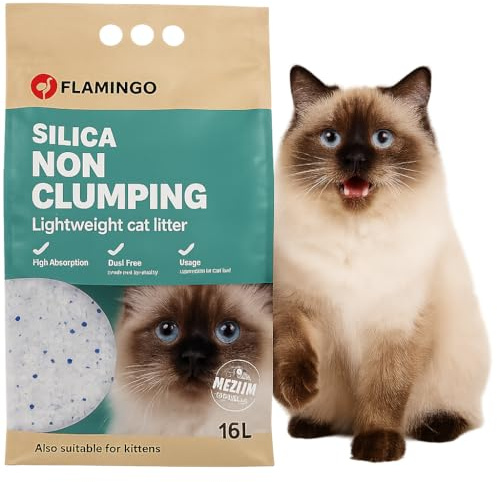 Flamingo Litière pour chat Silice Granulés de tailles intermédiaire - Medium 16L - Convient également aux chatons - Absorbe rapidement