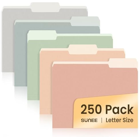 SUNEE File Folders Letter Size Pastel Colors, 250 Pack Manilla Folders 8.5 x 11 1/3-Cut Tabs, Colored File Folders Office Home School for Documents Files Paper