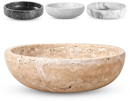 FNTSTICGOODS Travertine Decorative Bowl - 7.8” Diameter & 2” Height - Key Bowl for Entryway Table - Travertine - Organic Modern Centerpiece - Beige/Natural