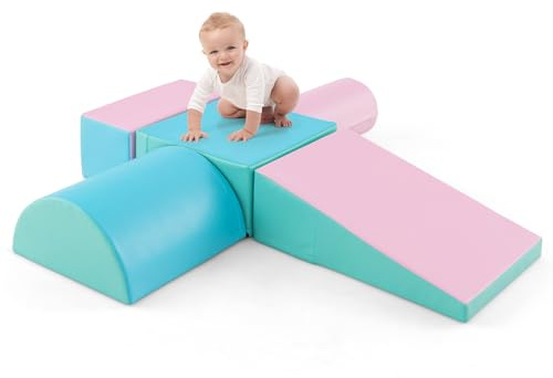COSTWAY 5 Pieces Baby Climb and Crawl Foam Play Set, Colorful Children's Educational Software Activity Toys, Soft Climbing Blocks for Toddlers, Preschoolers (Green+Pink)
