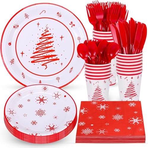 KAHEIGN 100 Pièces Vaisselle en Papier de Fête de Noël, 25 x 23CM Assiettes Plates, 25 x 19CM Assiettes à Salade, 25 x Tasses de 270ml, 25 x 16CM Serviettes - pour Vacances Noël Fêtes Décoration