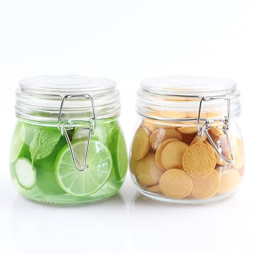 Glass Jars With Airtight Lids 16 OZ 2 Set Wide Mouth Food Storage Canisters Leakproof Sealed Jar Containers With Clamp Lids For Coffee,Sugar, Spices,Snacks, Pickles,Cereal,Tea Bags,Candy,Cookies