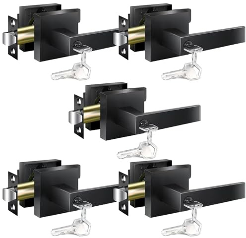 YYTDZSW Door Handles Interior, Door Knobs Interior, Black Door Handle with Reversible Lever, Keyed Alike Door Lock Sets for Bedroom, 5 Packs Heavy Duty Door Lock Sets, Matte Black