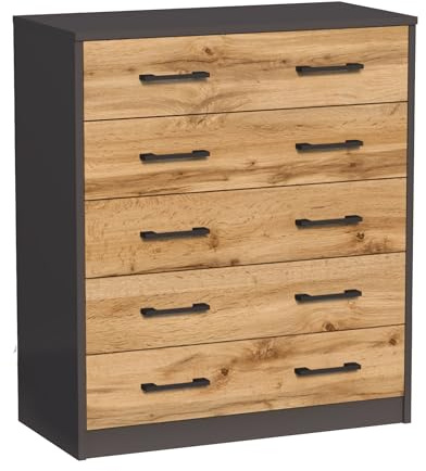Meuble à chaussures avec 5 tiroirs battants, 5 compartiments, bords arrondis doux, largeur 74 cm, plateau en stratifié, surface mate, rangement à chaussures peu encombrant, Chêne graphite