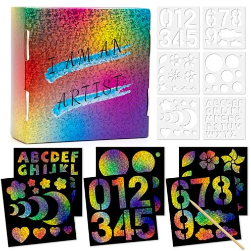 OPUHOHR 100 Blätter Scratch Painting Scratch Art, Regenbogen Scratch Art Notebook mit Schablonenlinealen Holzstiften, Kratzbilder Set für Kinder