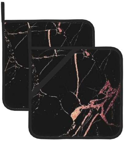 WKSGDSG Heat Resistant Pot Holders Set Of 2, Black Rose Gold Marble Pot Cloth For Cooking, Non-Slip Kitchen Oven Mitts For Hot Pans, Bbq, Portable Waterproof Pot Holders With Hanging Loop & Pocket