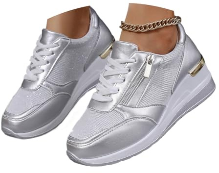 Womens Wedge Trainers, Ladies Platform Shoes Lace Up Comfy Classic Pumps Sneakers Shoes Fashion Heel Wedge Casual Zip Trainers (Silver,38EU)