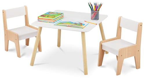 Bonnlo Toddlers Table and Chairs Set,Toddler Table with 2 Chairs, Kids Activity Furniture for Learning, Reading & Drawing,60x60x44cm,White & Wood (Ages 2-6 Years)
