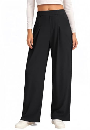 Oyamiki Pantaloni da donna casual in tessuto, larghi, a gamba larga, palazzo, a maglia waffle, a vita alta, eleganti, business, comodi, con elastico, L