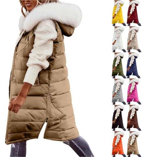 Women's Gilets Quilted Gilet for Women Plus Size Longline Sleeveless Vest Puffer Jackets Waistcoats Warm Thick Zip Hooded with Detachable Faux Fur Collar with Pockets Winter Warm Ladies Body Warmer