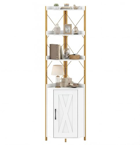 COSTWAY Estantería Esquinera de 5 Niveles, Armario Esquinero con Puerta, Estantería Librería Salón Oficina Dormitorio, 38 x 38 x 180 cm, Industrial (Blanco)
