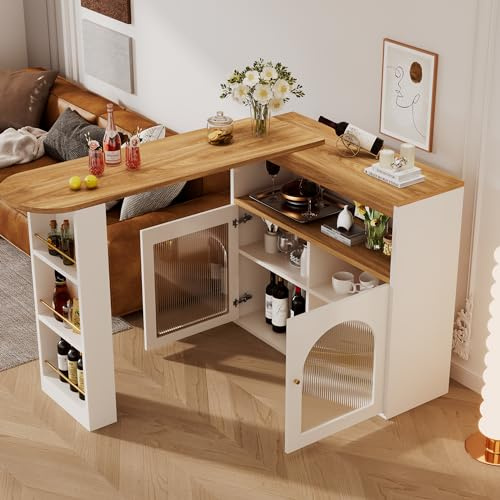 Yihomfy Îlot de Cuisine Extensible 138-205 cm, Table Bar Pivotante 360°, Meuble Rangement Porte Vitrée et Étagères, Table Haute Moderne pour Salle à Manger et Bar (Blanc, 138 x 35 x 105 cm)