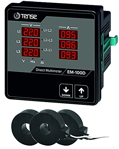 Tense EM-100D Einbaumessgerät Multimeter zur Messung von Strom (1A-100A), Spannung und Frequenz in 3-Phasigen Netzwerken - Für Schalttafel und Fronteinbau