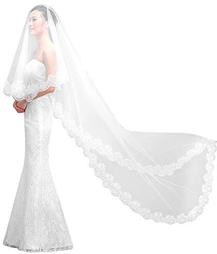 Voile de Mariée avec dentelle sur les bords Voile de Marriage Longue de 5 Mètres élégant Beau Blanc Nuptiale Accessoires de Marriage Princesse Tulle pour Cathédrale Cérémonie Photographe Noël