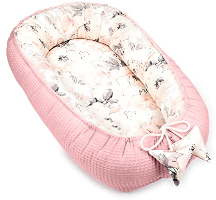 Babynest Neugeborene Nestchen Baby 90x50 cm - Kokon Handmade zweiseitig aus Baumwolle Waffel mit Babynestchen 2. Wilde Rose Rosa