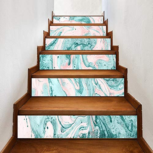 A.Monamour 3D Self-Adhesive Stair Riser Decals Stickers Turquoise and Pink Paints Hand Painted Marble Texture Removable Vinyl Stair Stickers Kitchen Tile Stickers Mural Wall Stickers Wallpaper 6 PCs