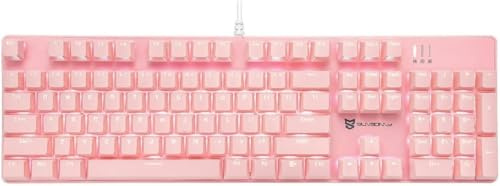 Qisan Mechanical Gaming Keyboard Wired White Backlit Keyboard Blue Switches Full Size 104 Keys US Layout-Pink