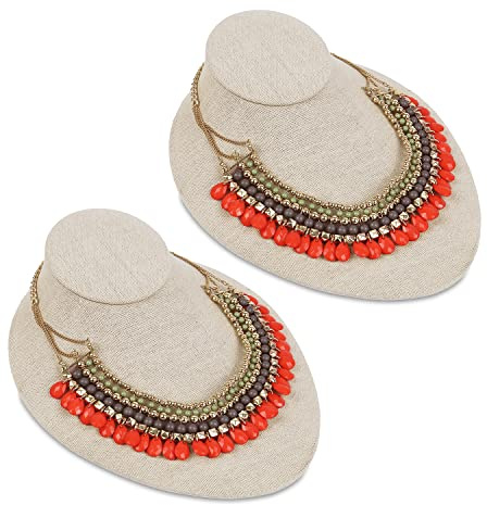 MOOCA 2 Pcs Set Linen Lay Down Necklace Bust Display Jewelry Necklace Chain Jewelry Bust Display Holder Stand, Tan Linen