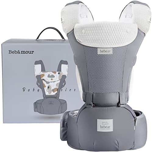 Bebamour Babytrage für 0-36 Monate, 3D Air Mesh Babytrage Rucksack für Neugeborene bis Kleinkinder, nach Sicherheitsstandard zugelassen, ergonomischer 6 in 1 Fronttrage(New Seasonal Grey)