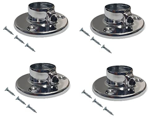 TERF® Polished Chrome Curtain Wardrobe Rod Pole Socket with Holding Screw for Up to 25mm Diameter Curtain Rail Wall Mount Rod Pole Holder Closet Lever Rail Socket with Fixing - Pack of 4