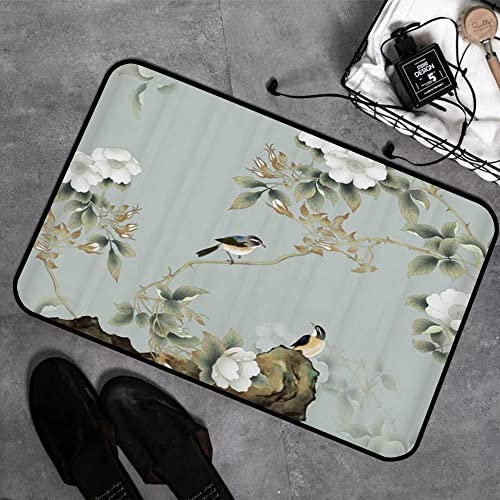 GOSUNA Memory Foam Badezimmer- 40 x 60 cm,Weiße Blume Pflaume Vogel Spatz Grau Weißer Hintergrund,Badteppich Saugfähige Rutschfester Badvorleger Waschbar Badematte