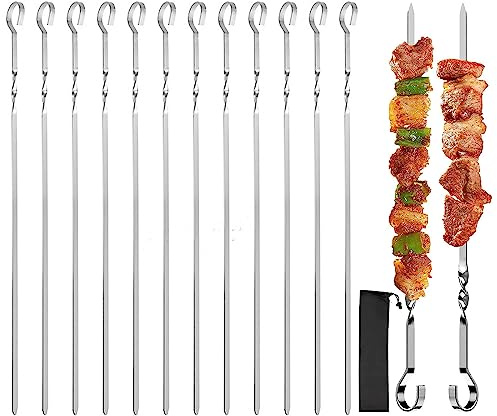 12 Pezzi Spiedini per Barbecue in Acciaio, Spiedini BBQ Riutilizzabili, Spiedini Acciaio Inox per Barbecue, Lungo Spiedini in Acciaio, Spiedini Piatti in Metallo, per Grigliatura Carne, Verdure