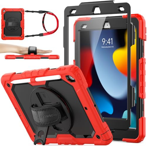 SEYMAC stock Case for iPad 9th/8th/7th Generation (10.2 Inch) 2021/2020/2019, Heavy Duty Shockproof with Screen Protector, 360° Rotating Stand/Hand Strap, Pencil Holder & Shoulder Strap, Red