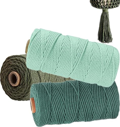 WINOK, filo macramè, 2 mm x 100 m, set da 3 pezzi, filo macramè, filo di cotone naturale, filo di cotone, per piante da parete, artigianato, verde scuro, verde oliva, verde chiaro