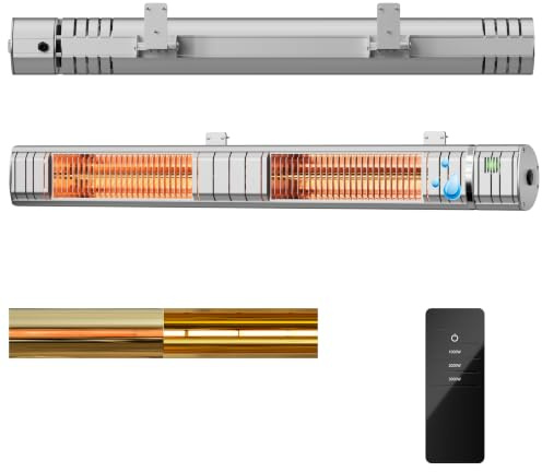 Wall-Mounted Electric Outdoor Heater, Electric Patio Heater, 3000W Infrared Heater, 3 Heat Levels, 1s Gold Halogen Heating Tubes for Backyard, Garage, Silver