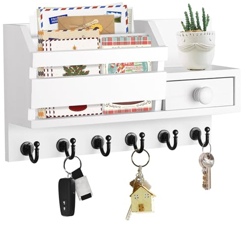 VIS'V Key Holder Wall Mount, Wooden Mail and Key Organizer with Drawer and Shelf, 2 Slots, 6 Hooks, White