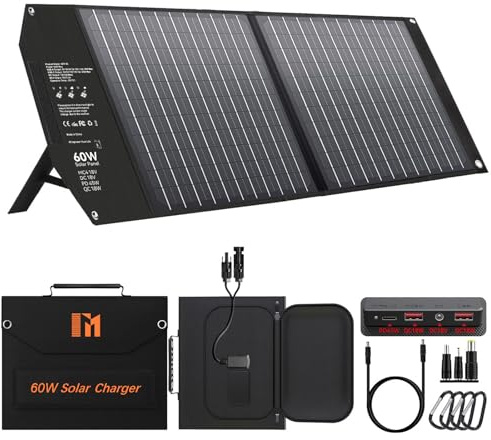 60W Portable Solar Panel, 5 Ports Solar Charger with 18V MC4 Port, DC(12V) / 2*USB-A (QC 3.0) / PD(45W), Solar Panel Charger for Camping Backpacking