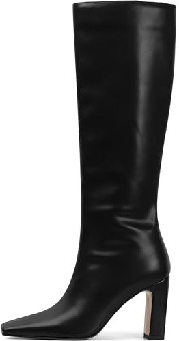 Lovee Cosee Black Leather Boots for Women Knee High Tall Boots for Women Square Toe Chunky Heels Wide Calf Block Heeled Dress Sexy Fashion Trendy Fall Wintern Boots Size 8